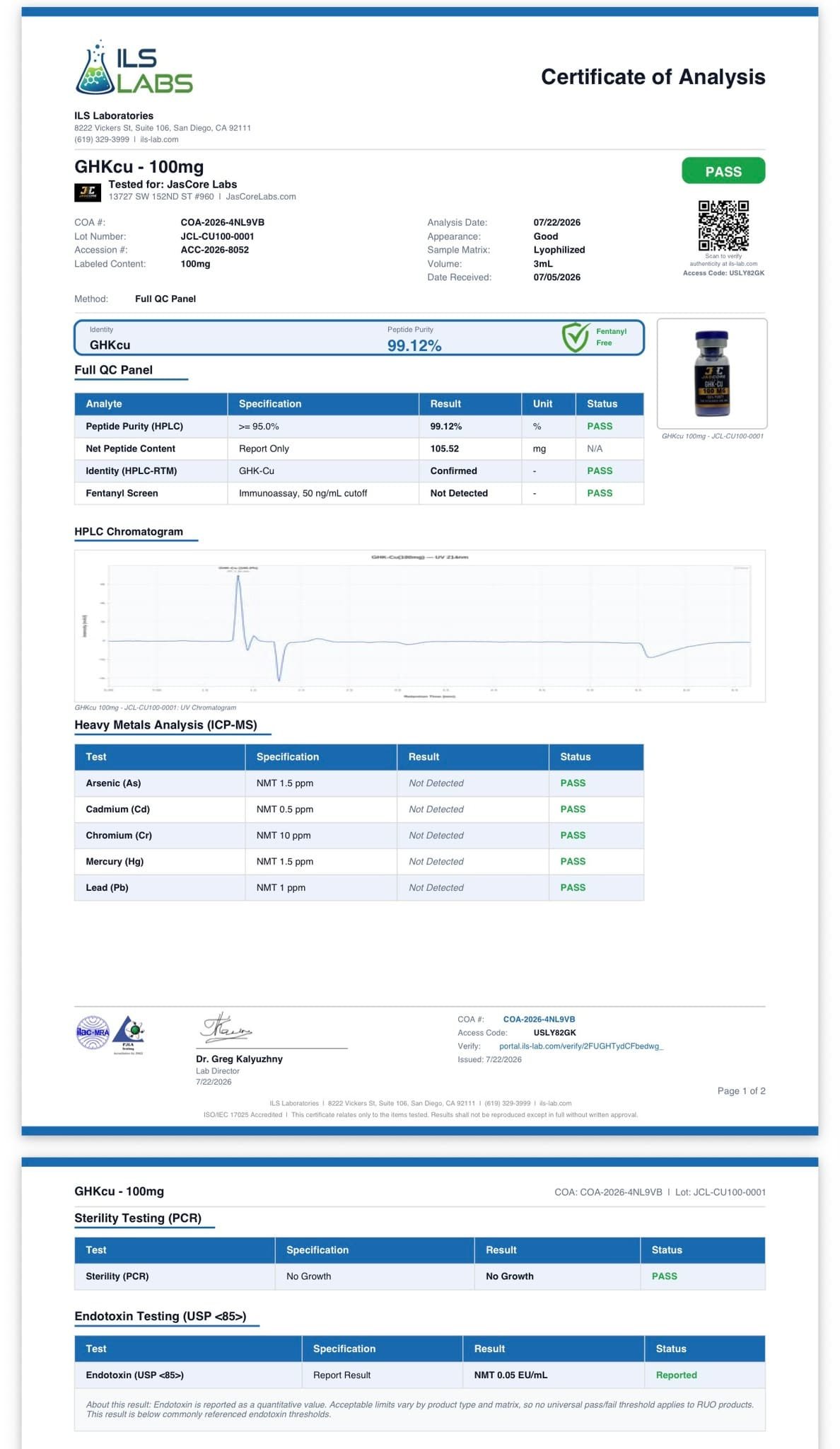Third-party Certificate of Analysis — GHK-Cu 100mg
