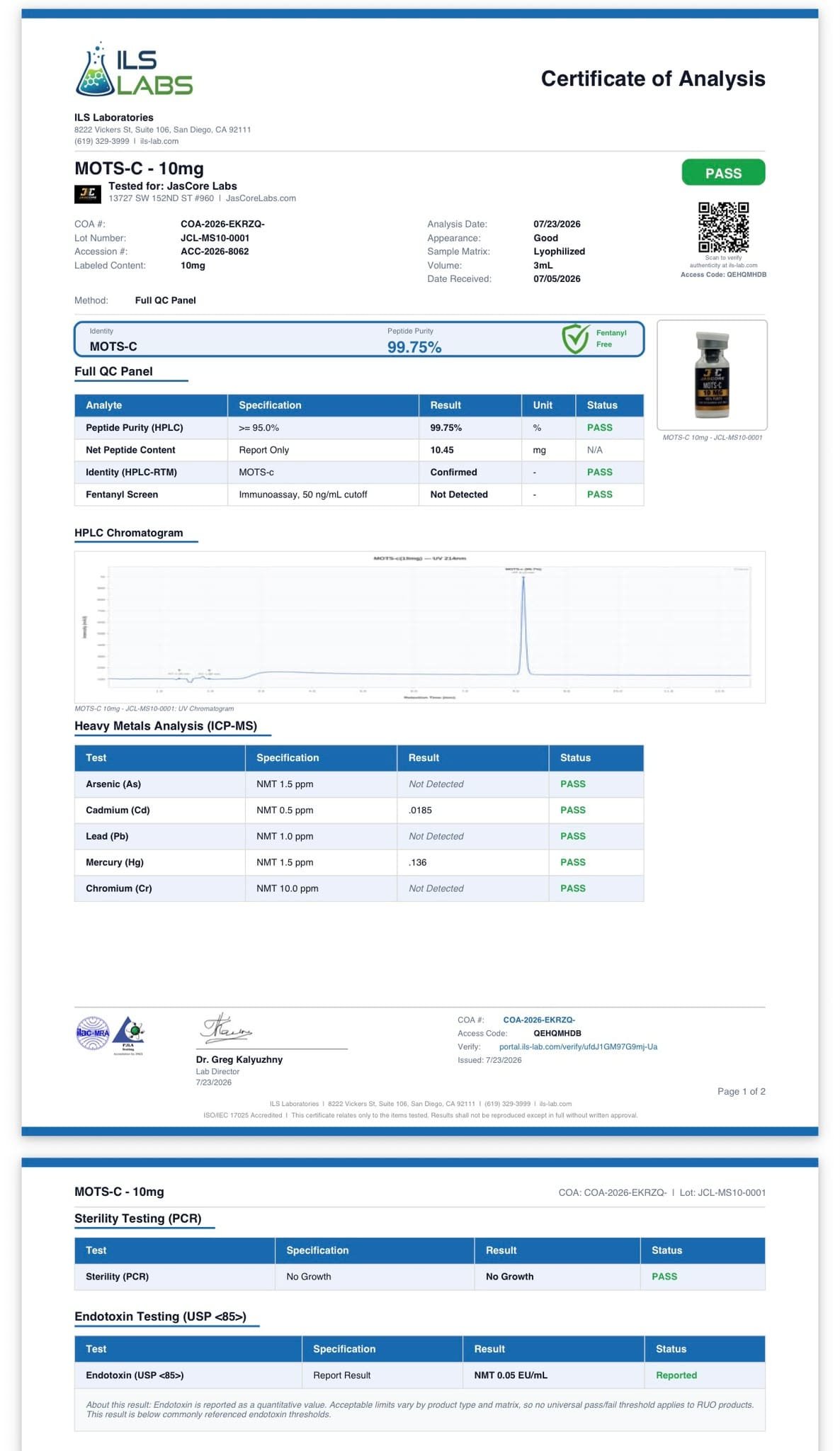 Third-party Certificate of Analysis — MOTS-c 10mg