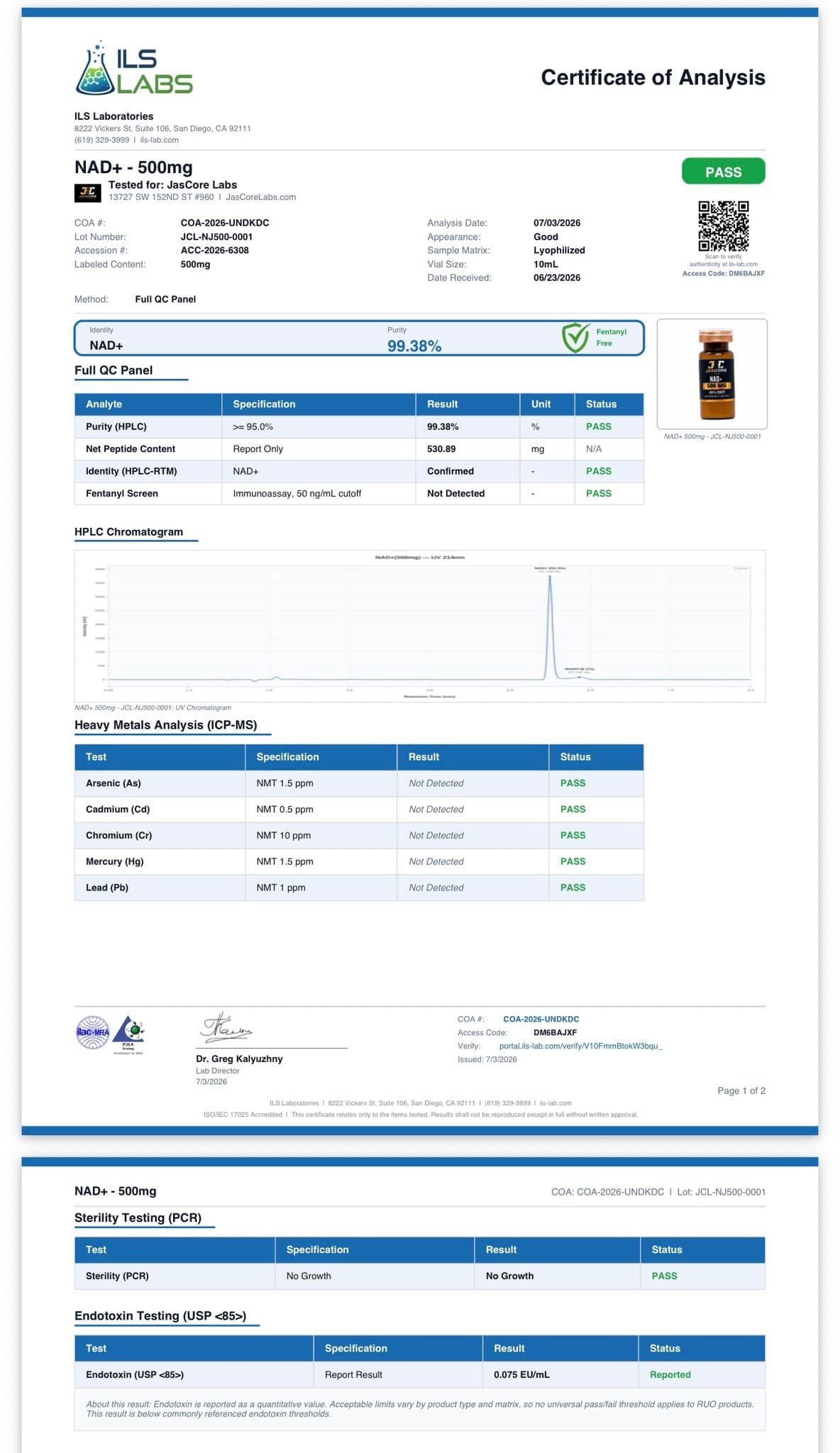 Third-party Certificate of Analysis — NAD+ 500mg