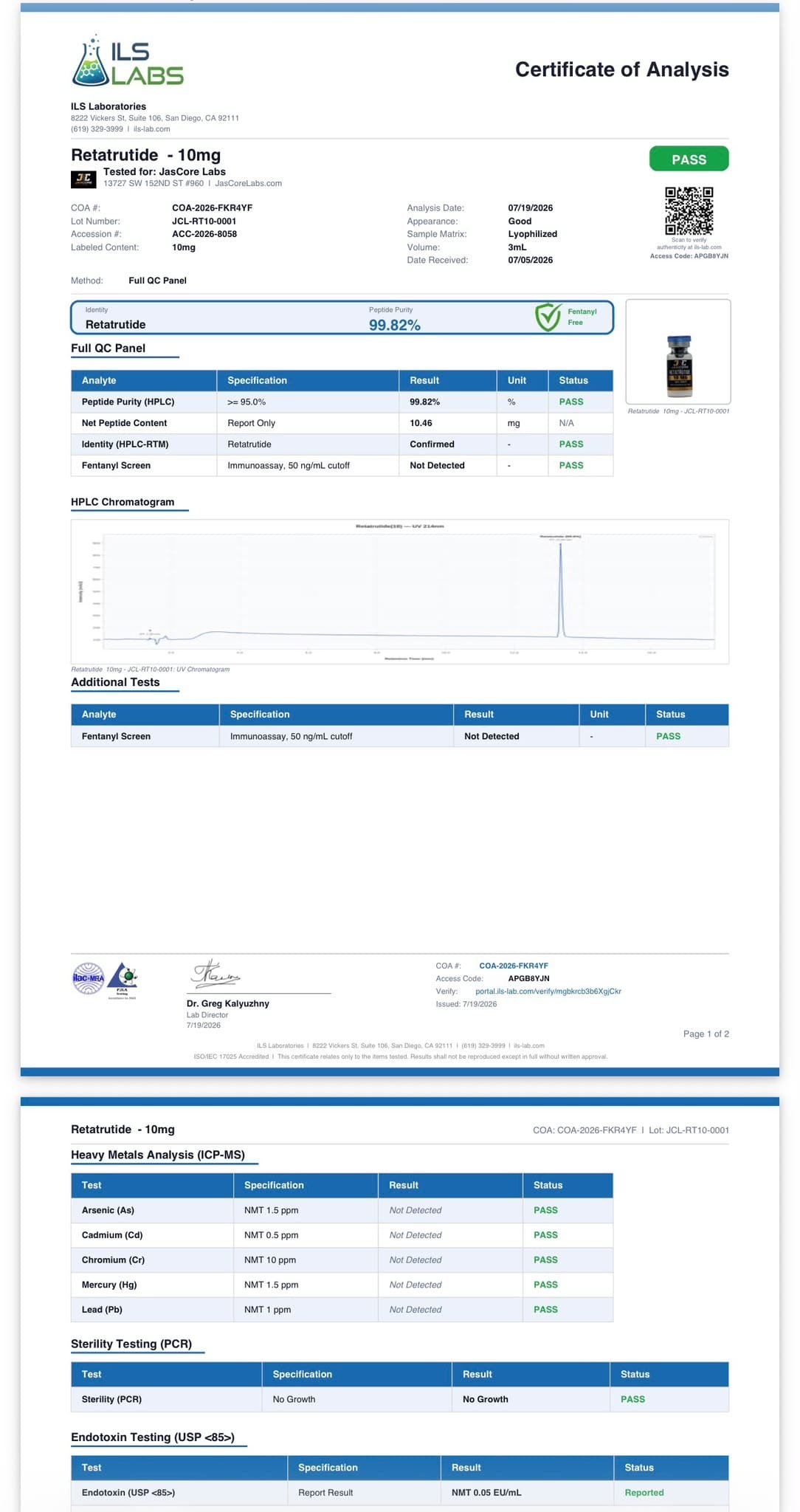 Third-party Certificate of Analysis — Retatrutide 10mg