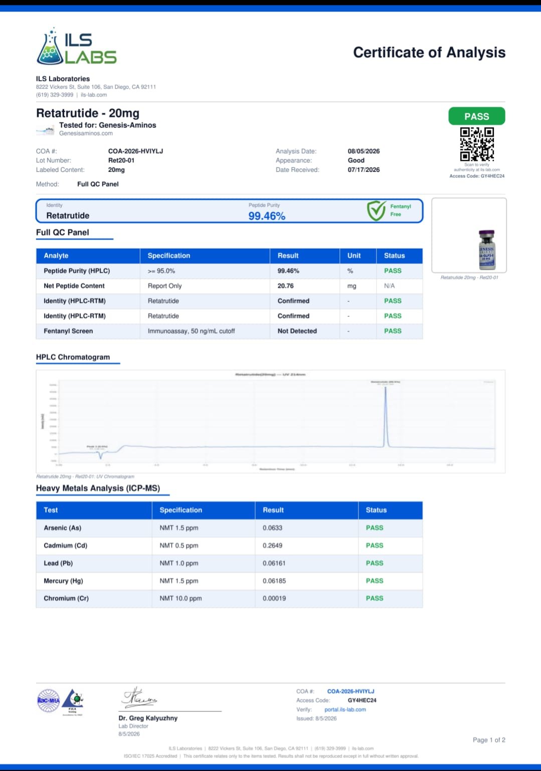 Third-party Certificate of Analysis — Retatrutide 20mg