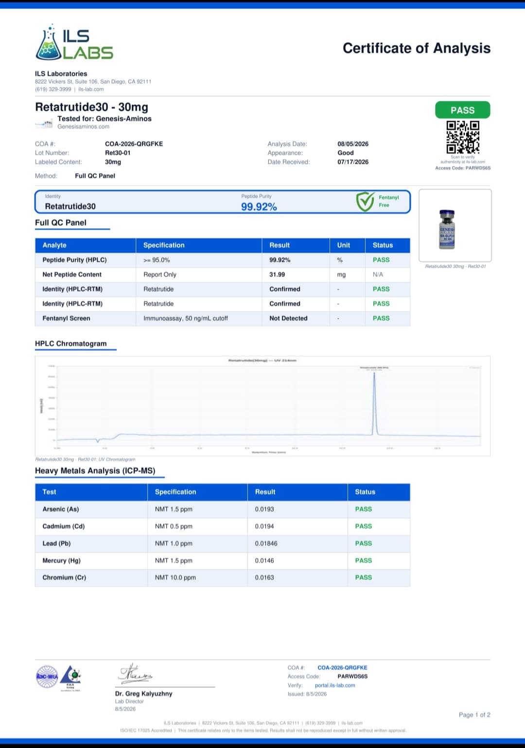 Third-party Certificate of Analysis — Retatrutide 30mg