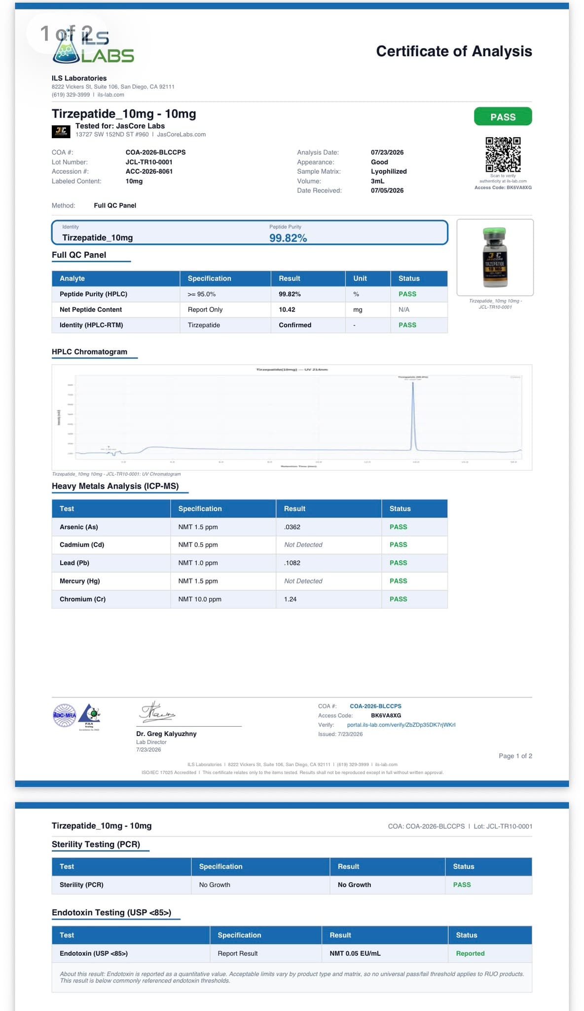 Third-party Certificate of Analysis — Tirzepatide 10mg