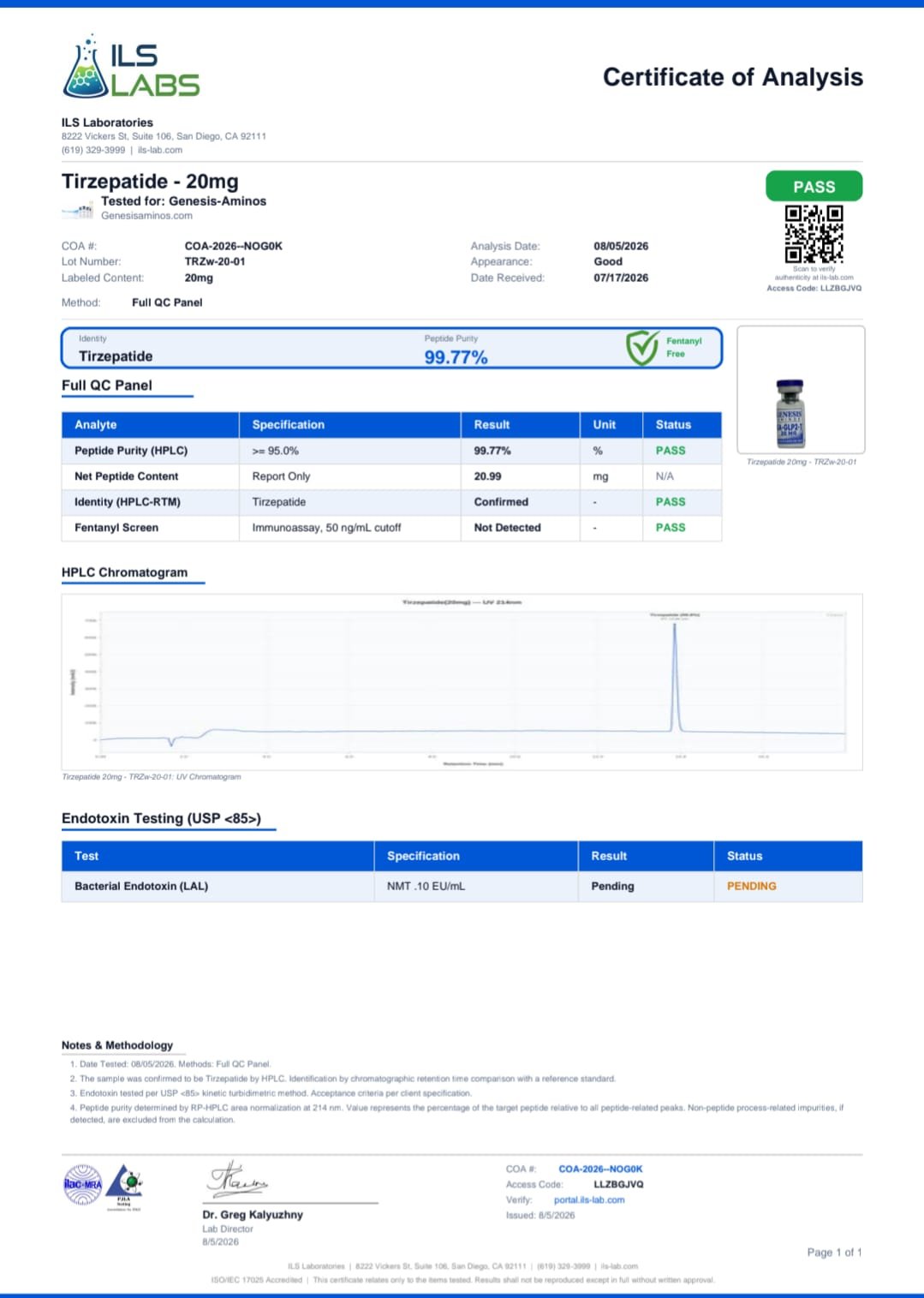 Third-party Certificate of Analysis — Tirzepatide 20mg