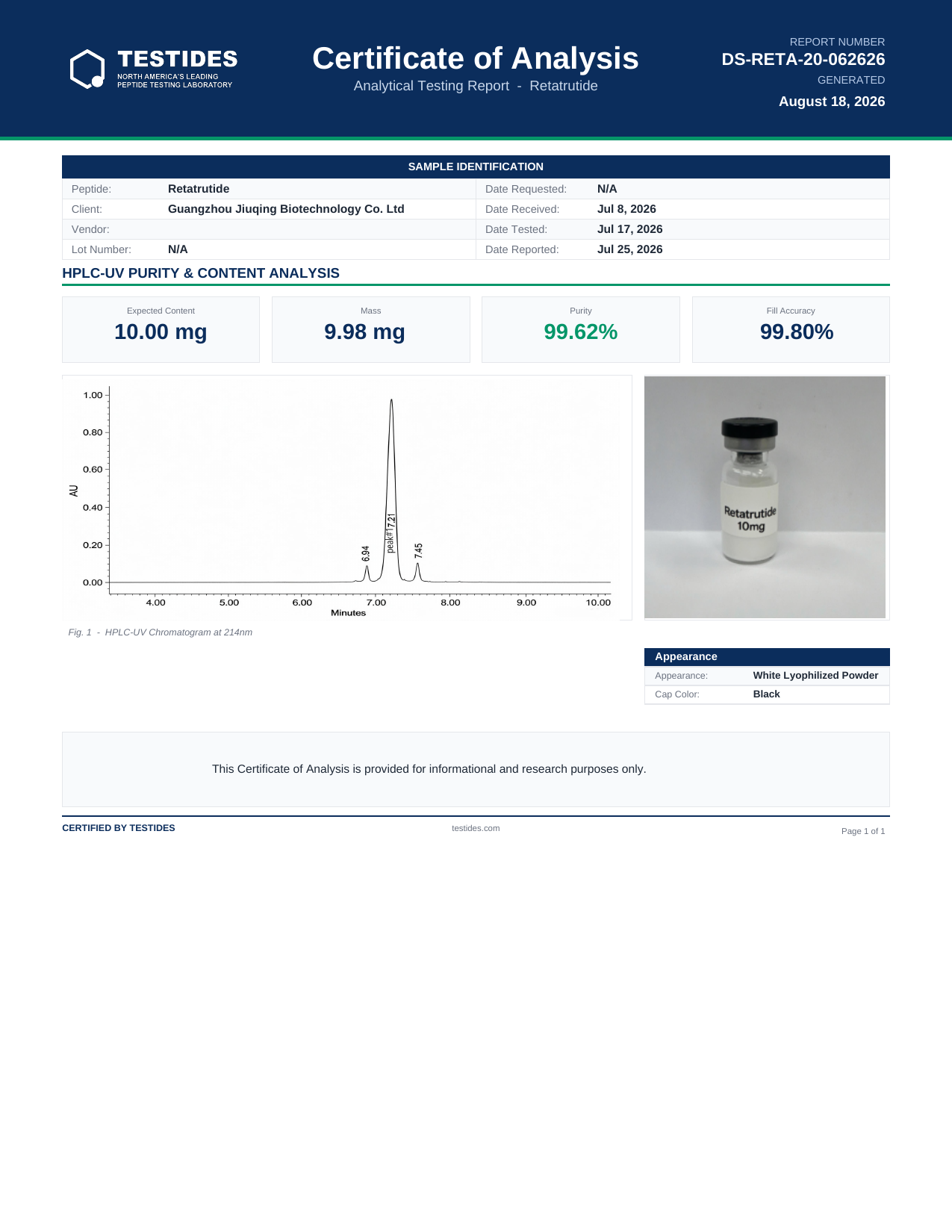 Third-party Certificate of Analysis — Retatrutide 10mg