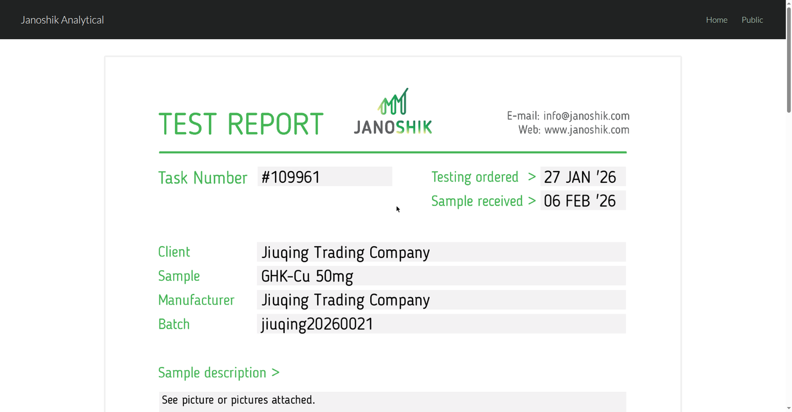 Janoshik lab report — GHK-Cu 50mg, Test 109961