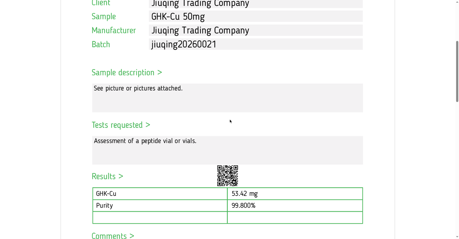 Janoshik lab report — GHK-Cu 50mg, Test 109961