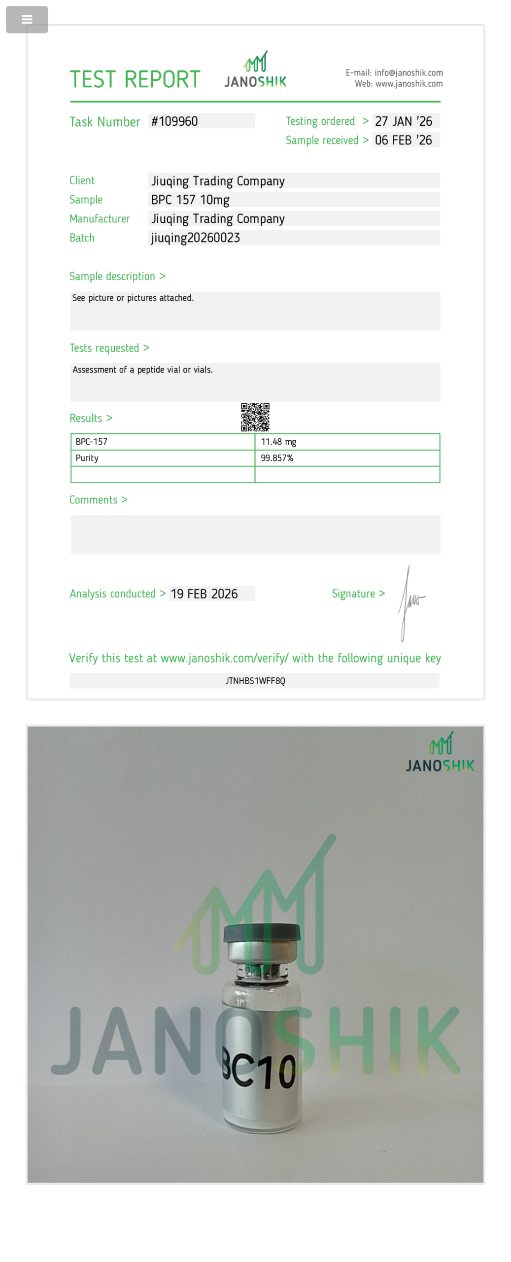Janoshik lab report — BPC-157 10mg (Test 109960)