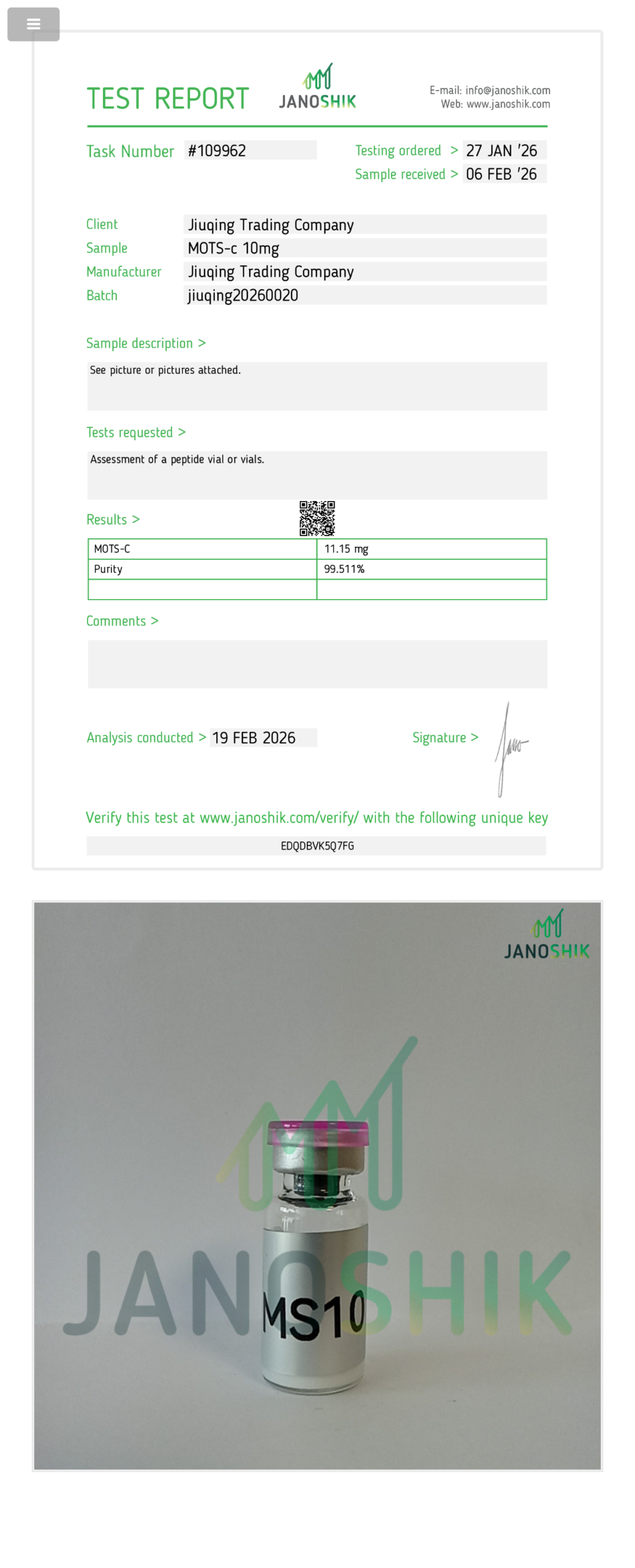 Janoshik lab report — MOTS-c 10mg (Test 109962)