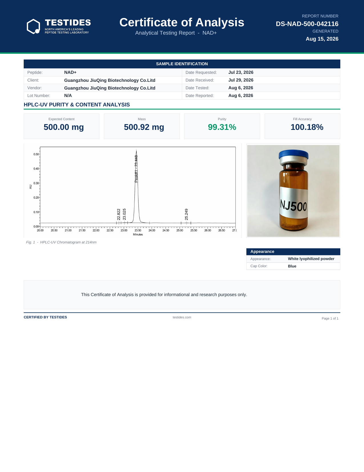 Third-party Certificate of Analysis — NAD+ 500mg